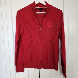 Tommy Hilfiger Sweater Womens Small Red Knit Zip Up Cable Knit Cotton Crest Logo